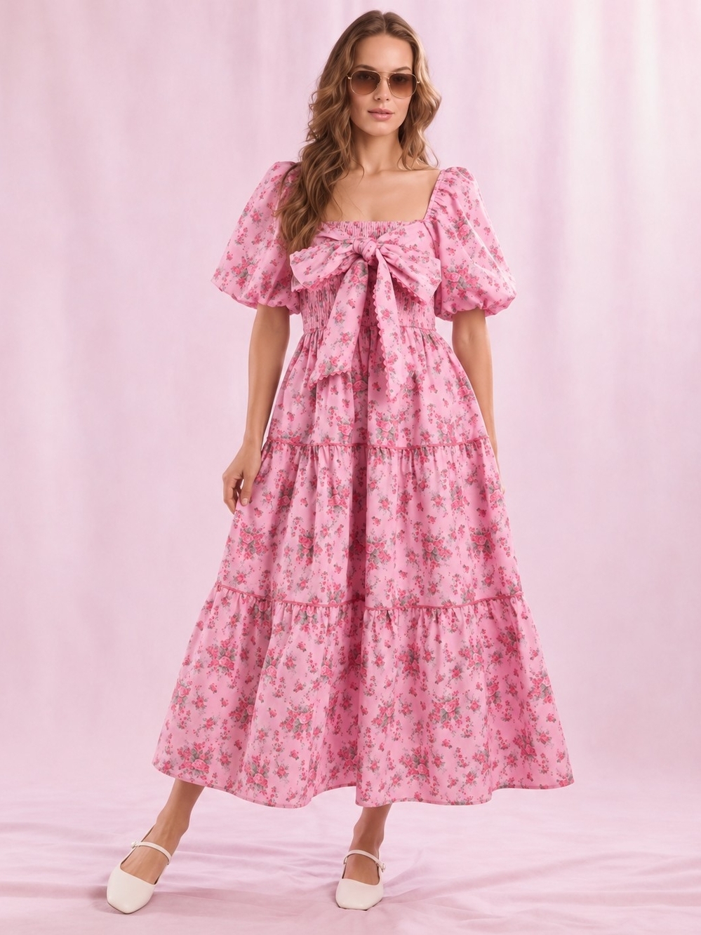 Peach Love California Pink Floral Bow Maxi Dress – Size Medium